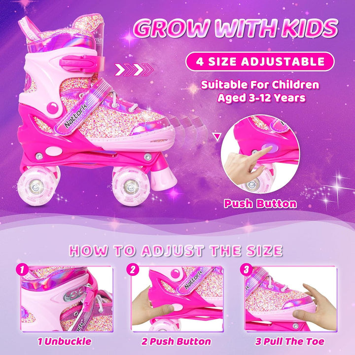 Nattork Kinder Rollschuhe, Rollschuhe Verstellbar mit 4 Grössen Einstellbare, Rollschuhe für Mädchen