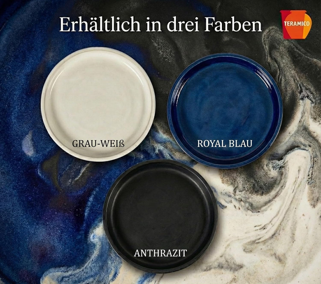 Teramico Vogeltränke/Teller/Untersetzer für Pflanzgefässe Blumentöpfe Blau Weiss Anthrazit glasiert