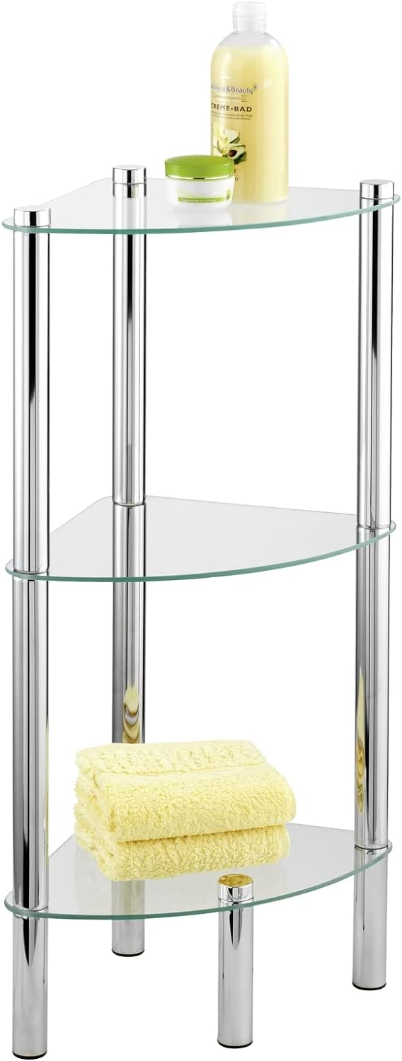 WENKO Eckregal Yago mit 3 Glasablagen - Badregal, Edelstahl rostfrei, 30 x 74 x 30 cm, Glänzend 3 Et