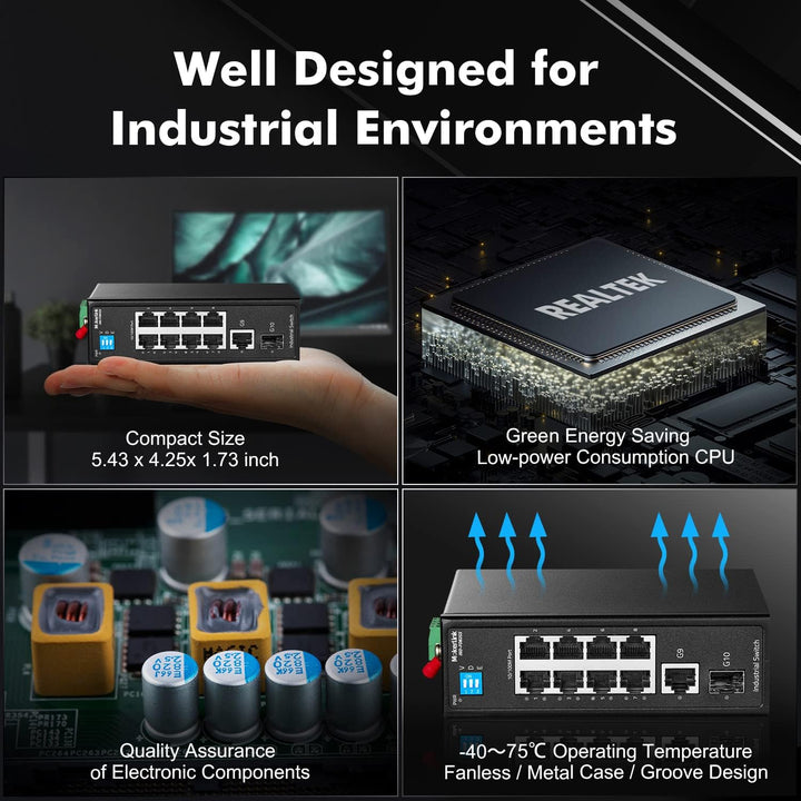 MokerLink 10 Port Industrial Din Rail Switch, 8 Ports 100Mbps,1 Gigabit Ethernet and 1 SFP Uplink, D