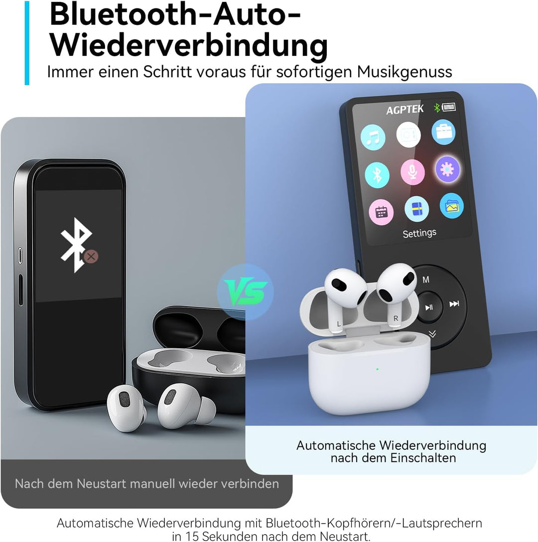 AGPTEK 64GB MP3 Player Bluetooth 5.3, Tragbarer Player mit Lautsprecher, 40 Stunden Akkulaufzeit Mus