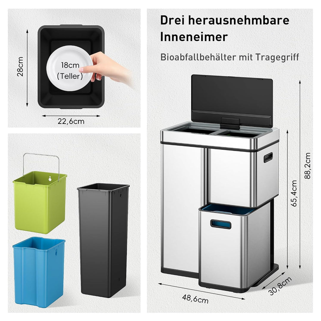 EKO Mirage Plus Mülltrennsystem mit 3 Fächer, 2 x 15 L und 30 L, Recycler Mülleimer mit Sensor, 3 Ku
