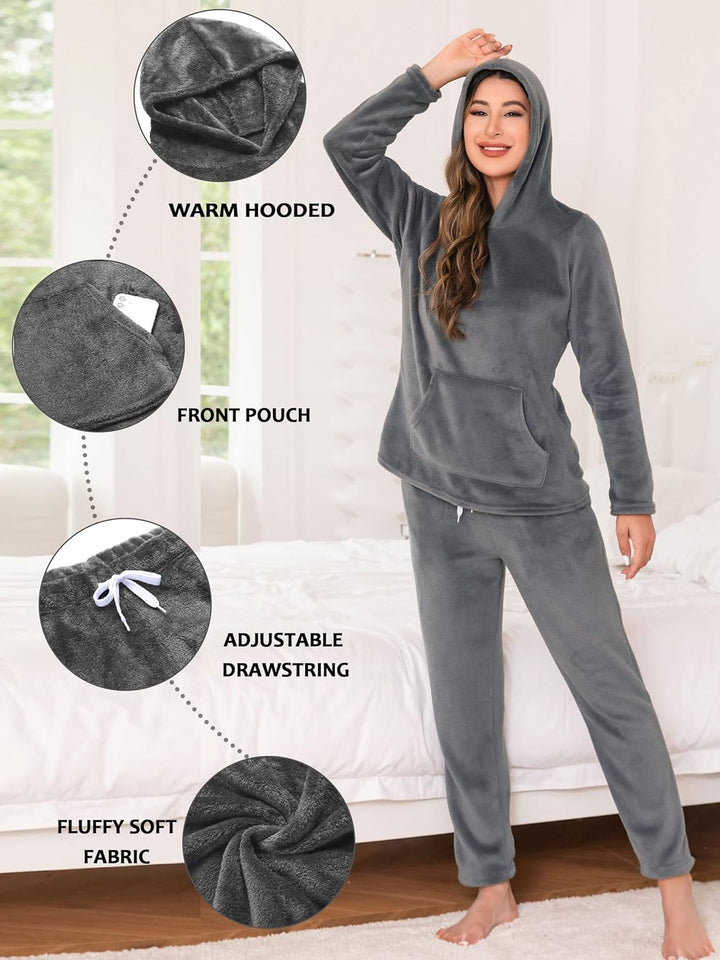 Lovasy Fleece Schlafanzug Damen Winter Lang Pyjama Set Warmer Flauschiger Frottee Schlafanzüge für D