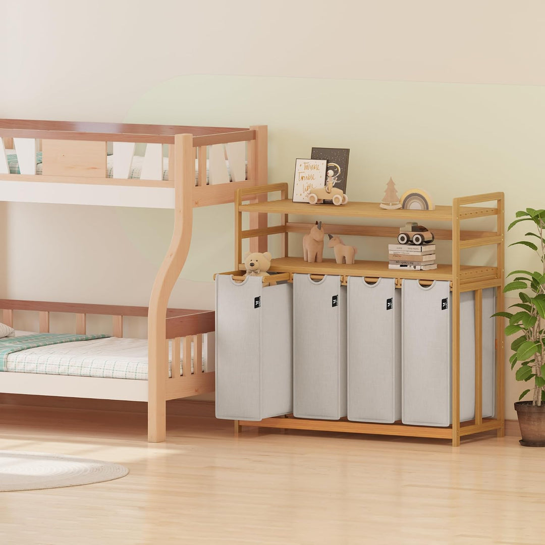 AdelDream Wäschekorb 200L,4 Fächer Wäschesammler,2 Ablagen,Bambus | Wäschesortierer 4 x 50L,ausziehb