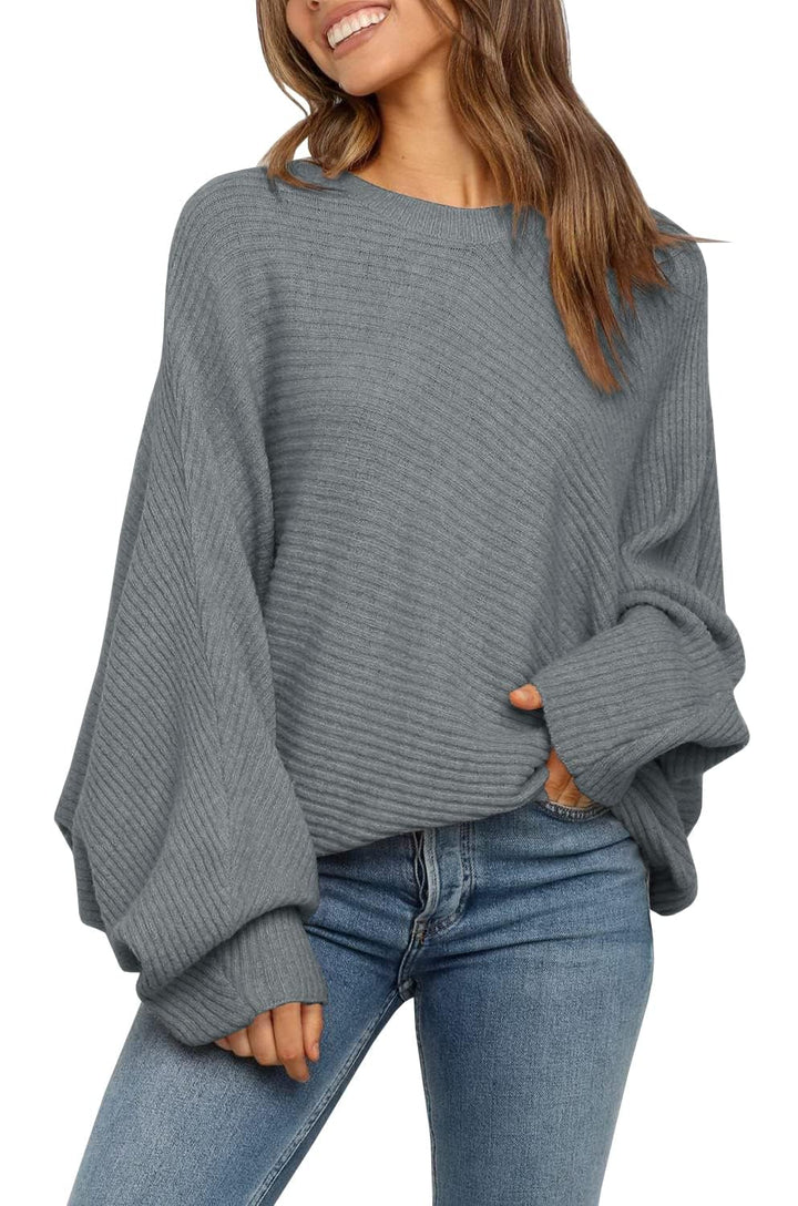 Fessceruna Damen Strickpullover Fledermausärmel Oversized Pullover Rundhalsausschnitt Winter Gerippt