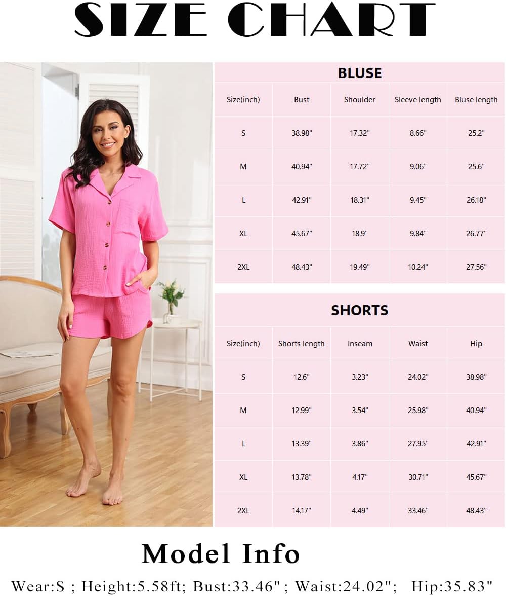 Famulily 100% Baumwolle Damen Schlafanzug Kurz Set V Ausschnitt Kurzarm Bluse mit Knöpfen und Shorts