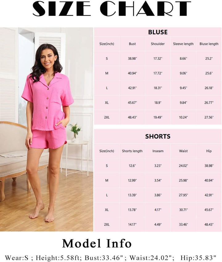 Famulily 100% Baumwolle Damen Schlafanzug Kurz Set V Ausschnitt Kurzarm Bluse mit Knöpfen und Shorts