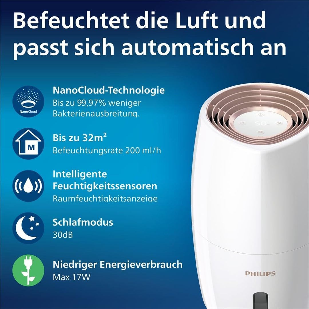 Philips Series 2000 Luftbefeuchter – für Räume bis 32 m², NanoCloud-Technologie, 3 Geschwindigkeitss
