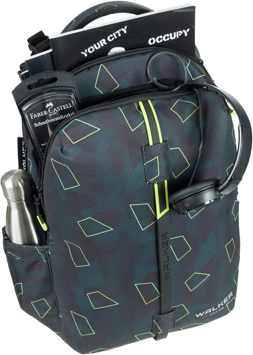 Walker Fame Schulrucksack mit 3 Fächern, Seitentaschen und Lichteffekt, Rückenpolsterung, verstellba