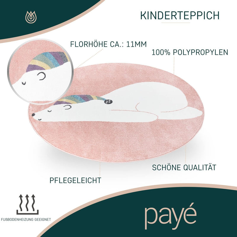 payé Teppich Kinderzimmer Rund - Rosa - 120x120cm - Pastellfarben Spielteppich Kinderteppich Kurzflo