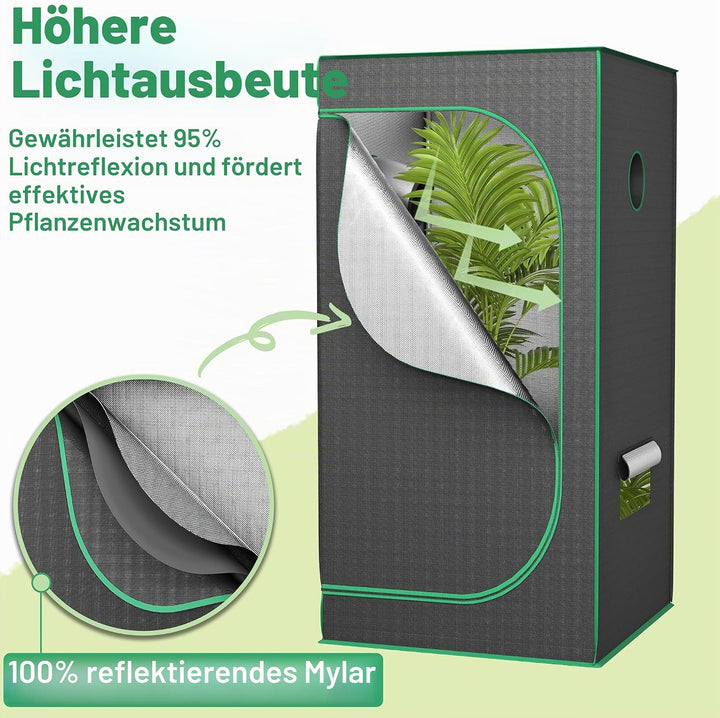Growzelt Komplettset 40x40x120cm Pflanzenzelt inkl. Stahlrahmen Sichtfenster Reflektierendes Innenfo