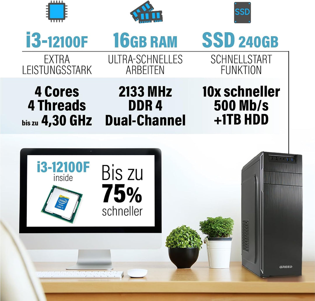 GREED® Multimedia PC mit Intel Core i7 4790 - Schneller Rechner + Computer für Büro & Home Office mi