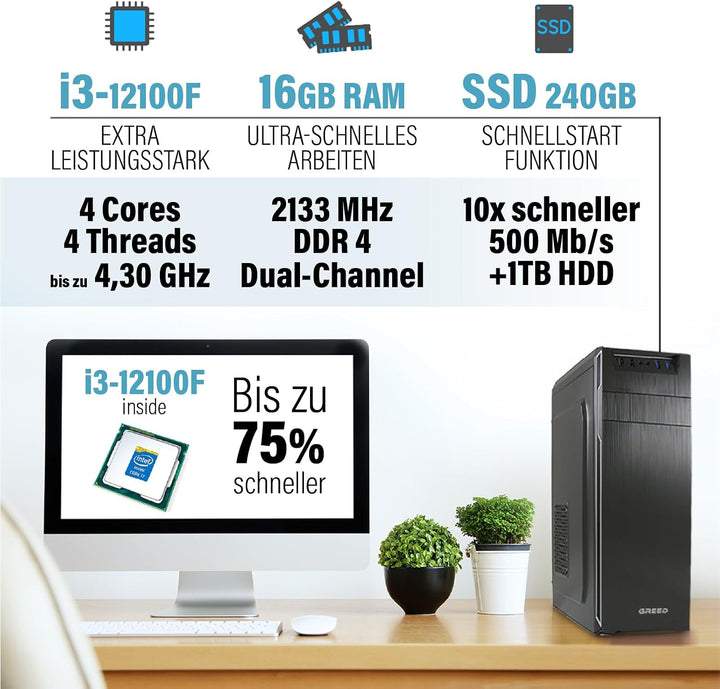 GREED® Multimedia PC mit Intel Core i7 4790 - Schneller Rechner + Computer für Büro & Home Office mi