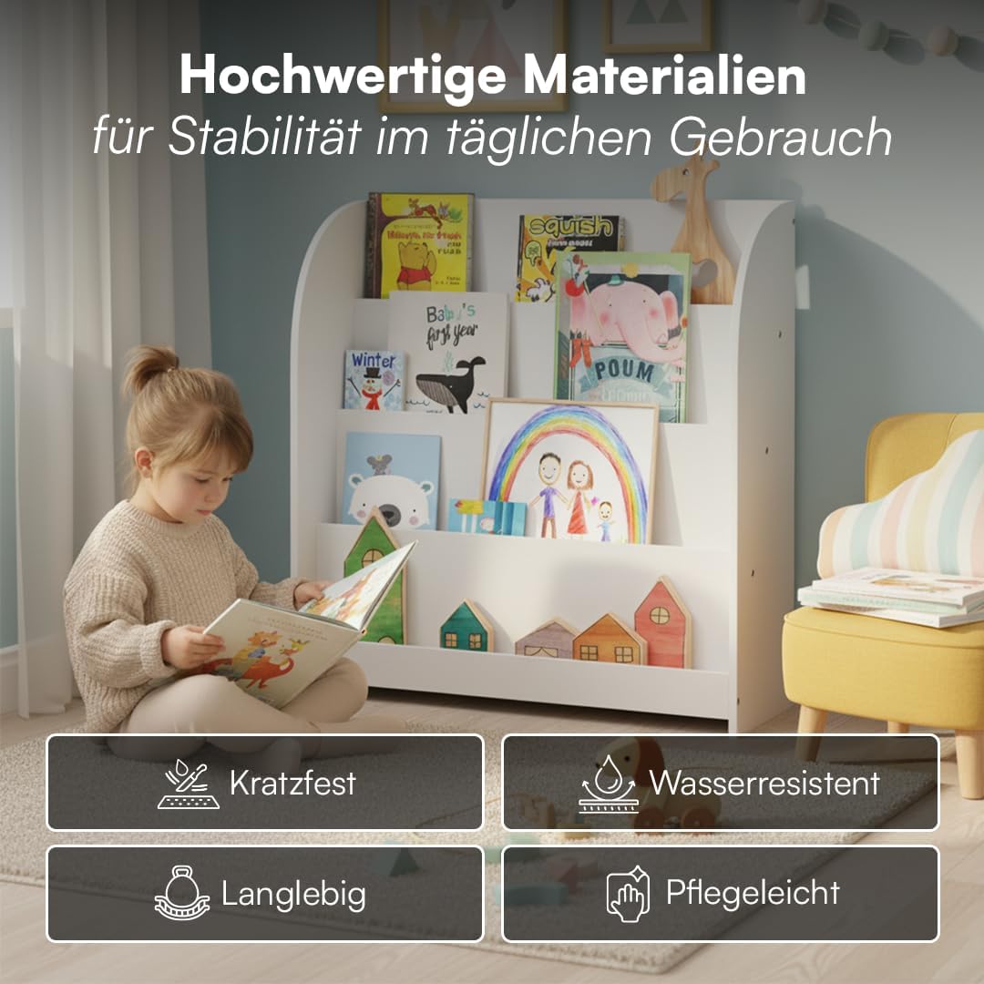 Bellabino Baru Bücherregal Kinder – Montessori Bücherregal mit 4 breiten Fächern – Kinder Bücherrega