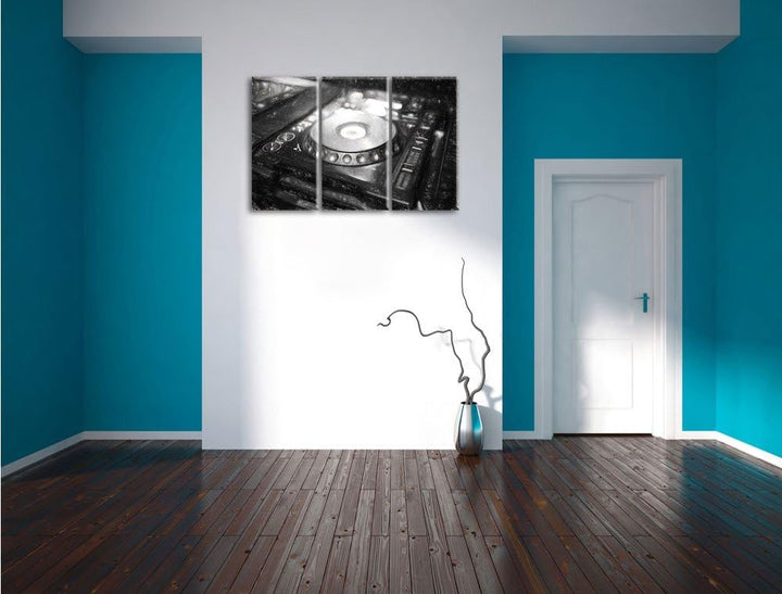 Pixxprint Grün beleuchteter DJ Pult Kohle Zeichnung Effekt 3-Teiler Leinwandbild 120x80 Bild auf Lei