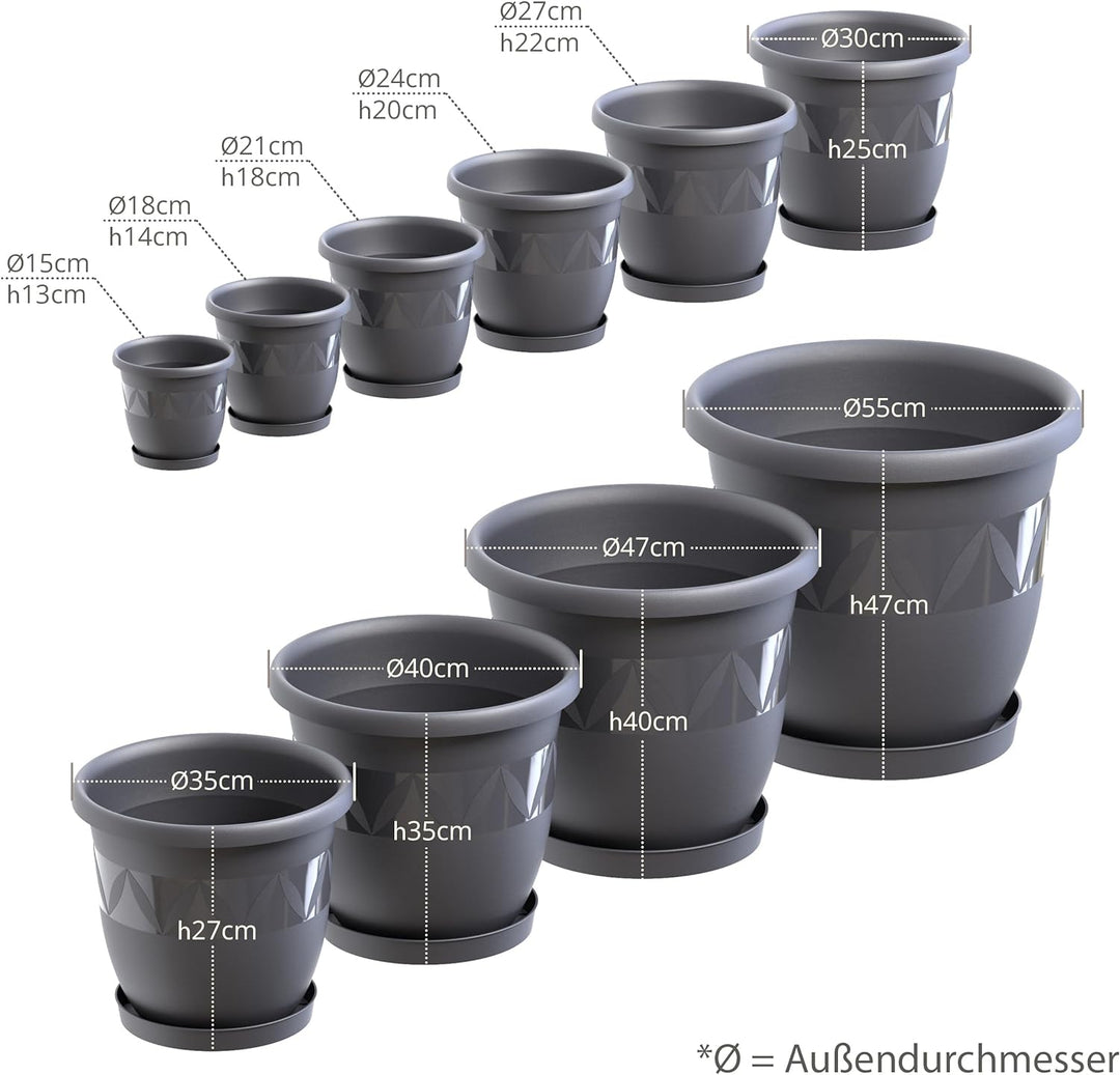 10er Set Blumentöpfe mit Untersetzer 24 cm Durchmesser Anthrazit runder Pflanzkübel aus Kunststoff g