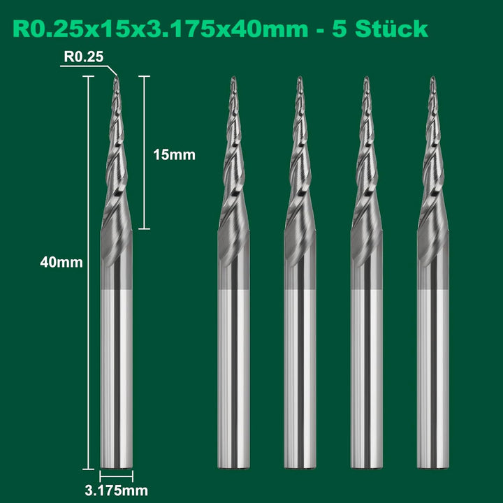 5 Stück Kugelkopffräser Set 0,25 mm Radius Holz CNC Fräser 3,175mm 1/8 zoll Schaft 2 Flöten Gesamtlä