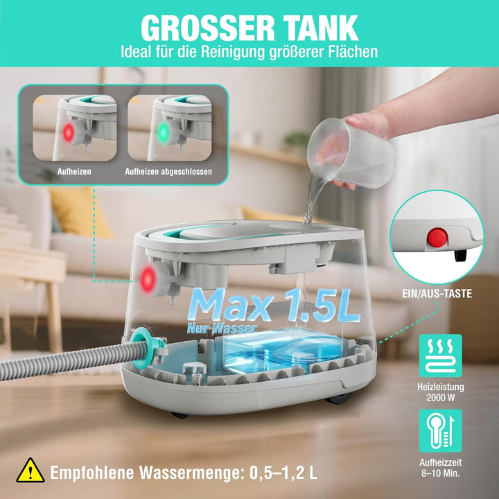 HAUSHOF Dampfreiniger 2000W, mit 1,5L Tank, max. 4,0 bar Dampfdruck, Aufheizzeit 8 Min, Dampfzeit bi