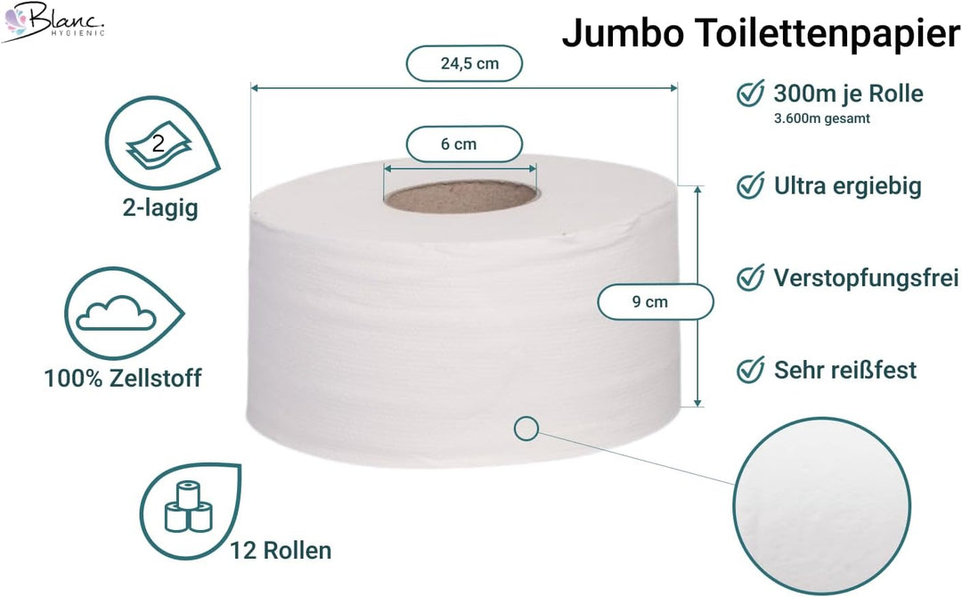 Blanc HYGIENIC Jumbo Toilettenpapier Mini – Set mit 18x Jumbo-Rollen à 130 m, 2-lagig, Klopapierroll