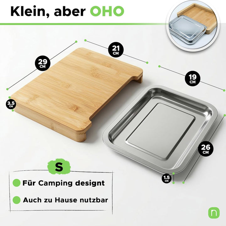 naturlik Camping Schneidebrett mit Auffangschale – Bambus Servierbrett für Wohnmobil, Campervan & Ou