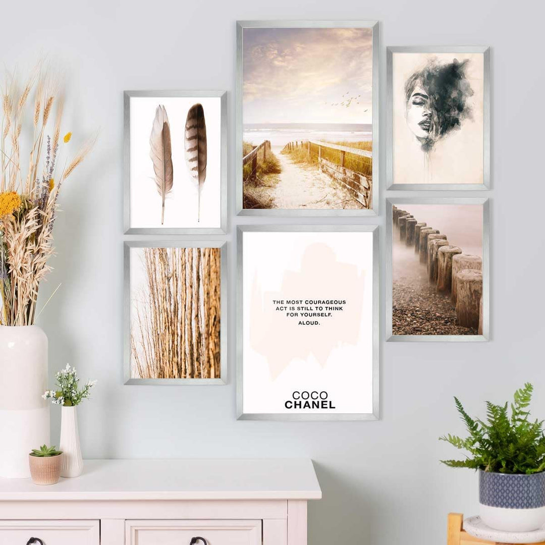 PHOTOLINI silberne Bilderrahmen Set verschiedene Grössen, 6 Bilderrahmen Silber Holz MDF, Bilder Rah