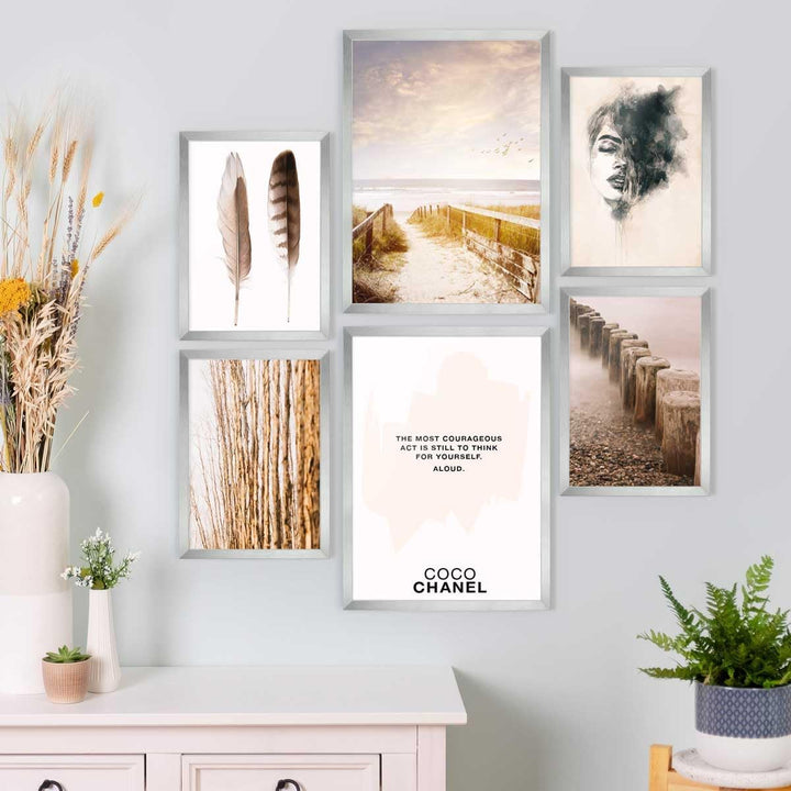 PHOTOLINI silberne Bilderrahmen Set verschiedene Grössen, 6 Bilderrahmen Silber Holz MDF, Bilder Rah
