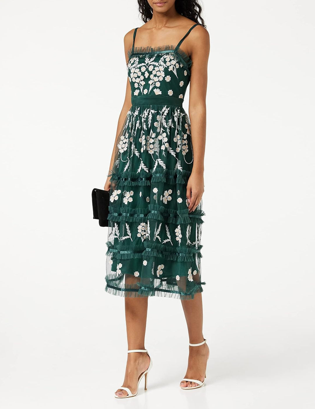 Maya Deluxe Damen Ladies Womens Summer Embroidered Midi Floral Straps High Waist A Line Cut Everyday