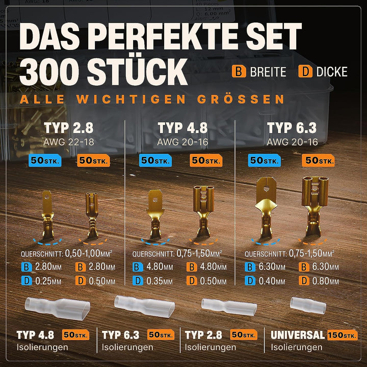 BAURIX® Crimpzange inkl. 300 Stück Flachsteckhülsen Set I Krimpzange für 0,50-2,50 mm² Steckverbinde