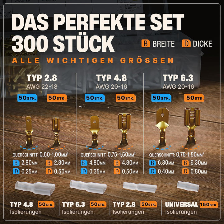BAURIX® Crimpzange Set mit Abisolierzange & 300 Flachsteckhülsen 0,50–2,50mm² – Elektriker Werkzeug