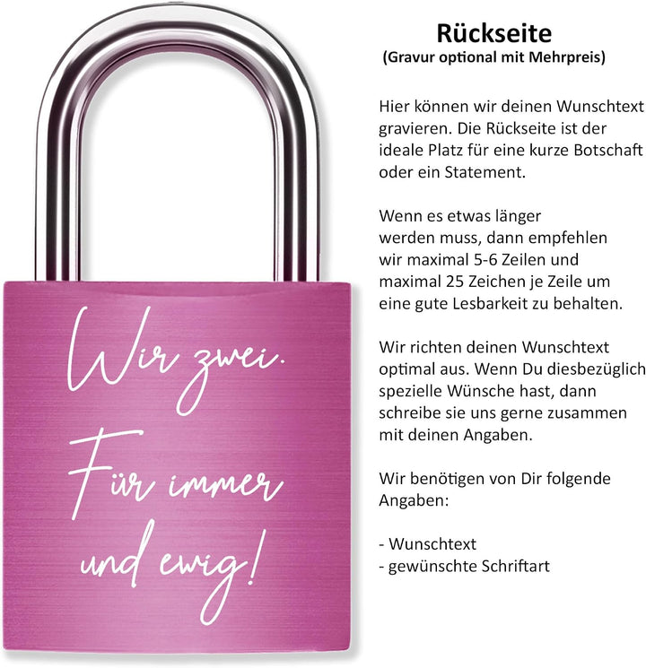 Liebesschloss mit Gravur Kalenderblatt - Pink - gestaltbar mit vielen Farben &amp; Schriften - Jahrestag