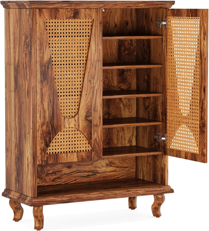 Tribesigns Rattan-Schuhschrank mit 2 Türen, 75x 37x 110cm, Schuhkipper schmal,7-stöckig Schuhregal f