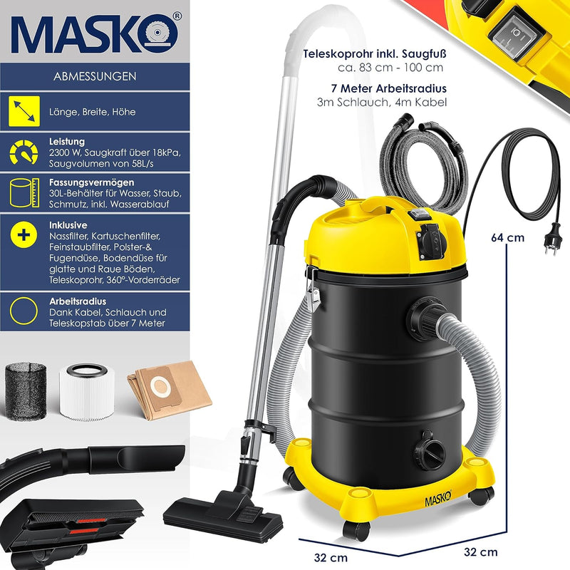 Masko® 6IN1 Industriestaubsauger Staubsauger Nass Trocken Sauger Aschesauger 2300W + Steckdose✓ Blas