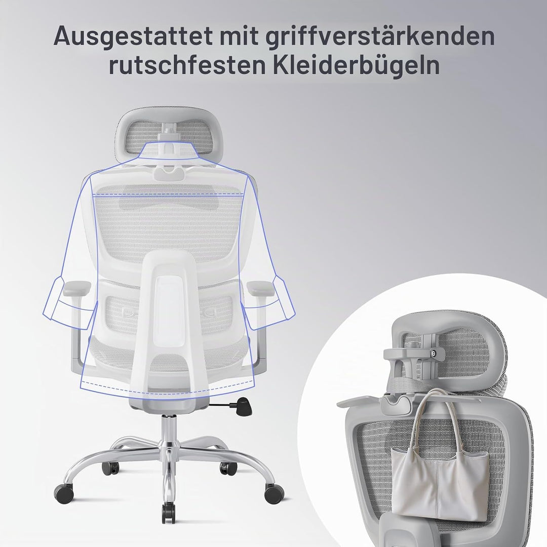 Ergonomischer Bürostuhl Schreibtischstuhl, Netzstoff Drehstuhl mit 2D-Lendenwirbelstütze &amp; 3D-Kopfst