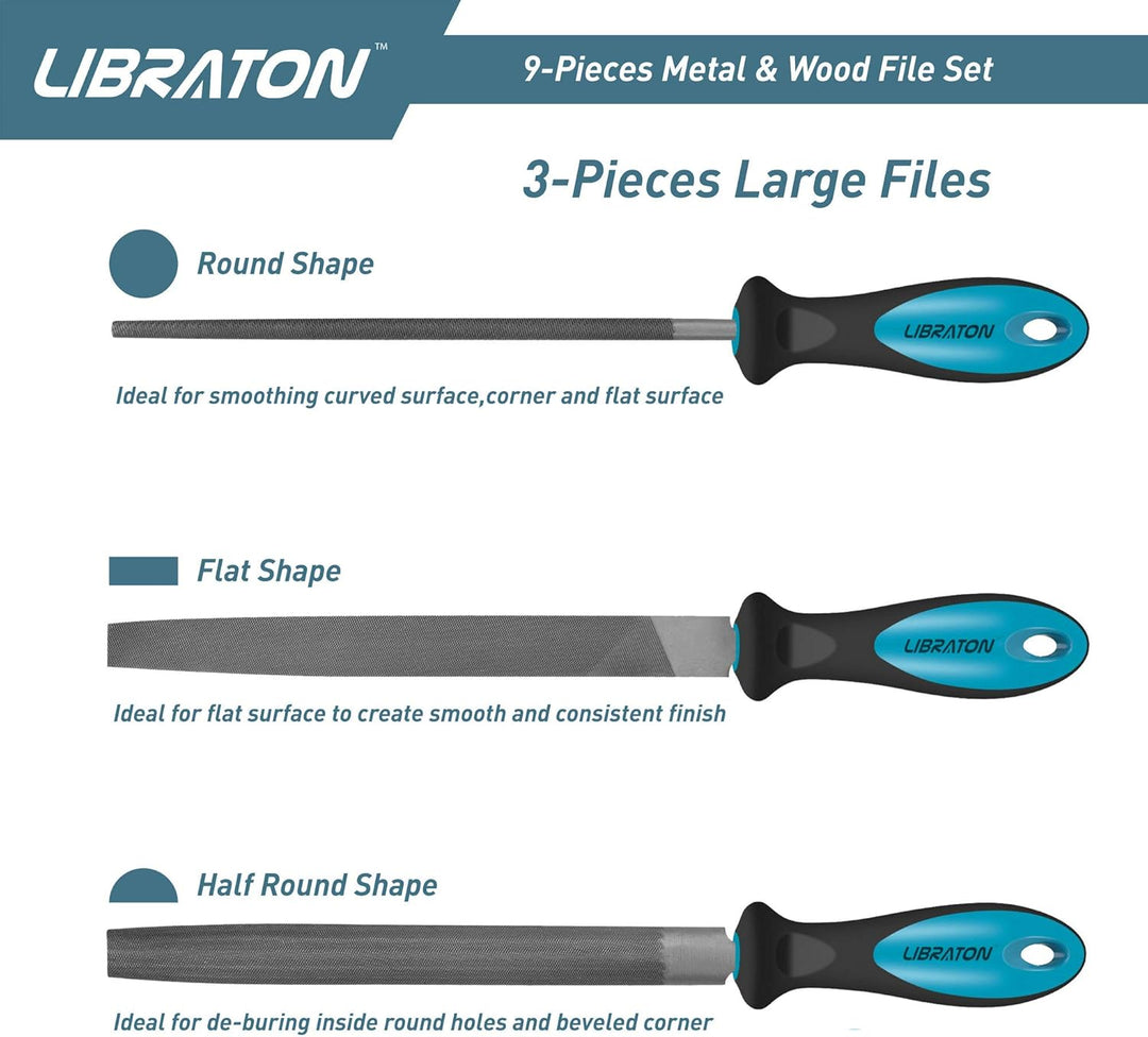 LIBRATON Feilen Set, Werkstattfeile Satz 9 tlg. Feilenset Metall Set Feilensatz inkl. Flachfeile Hal