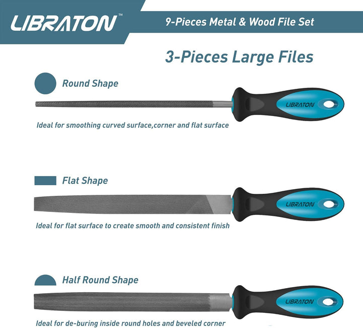 LIBRATON Feilen Set, Werkstattfeile Satz 9 tlg. Feilenset Metall Set Feilensatz inkl. Flachfeile Hal