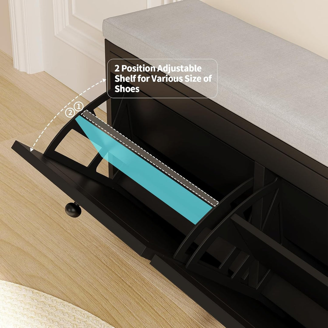 VOWNER Schuhschrank mit 2 Klappen, Schuhregal Schuhkipper Schmal, Sitzbank mit Sitzkissen, Verstellb