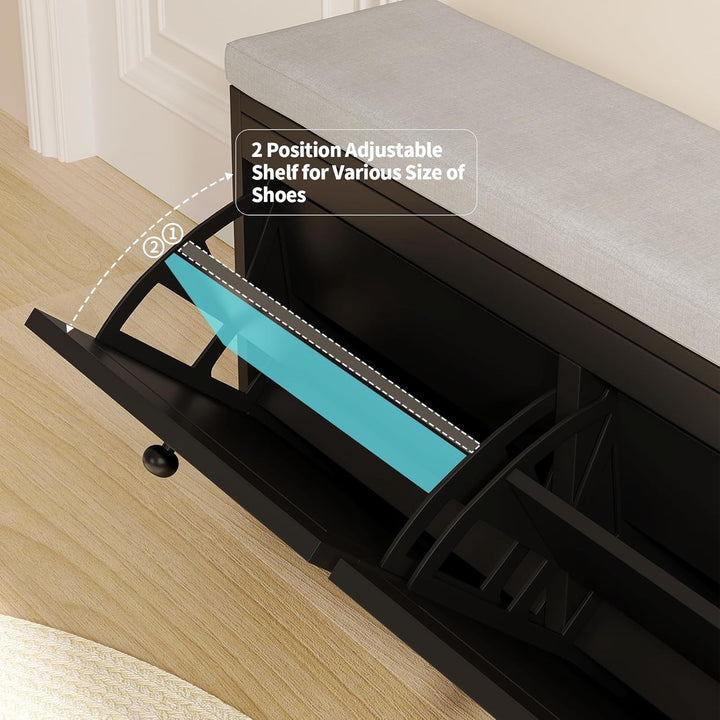 VOWNER Schuhschrank mit 2 Klappen, Schuhregal Schuhkipper Schmal, Sitzbank mit Sitzkissen, Verstellb