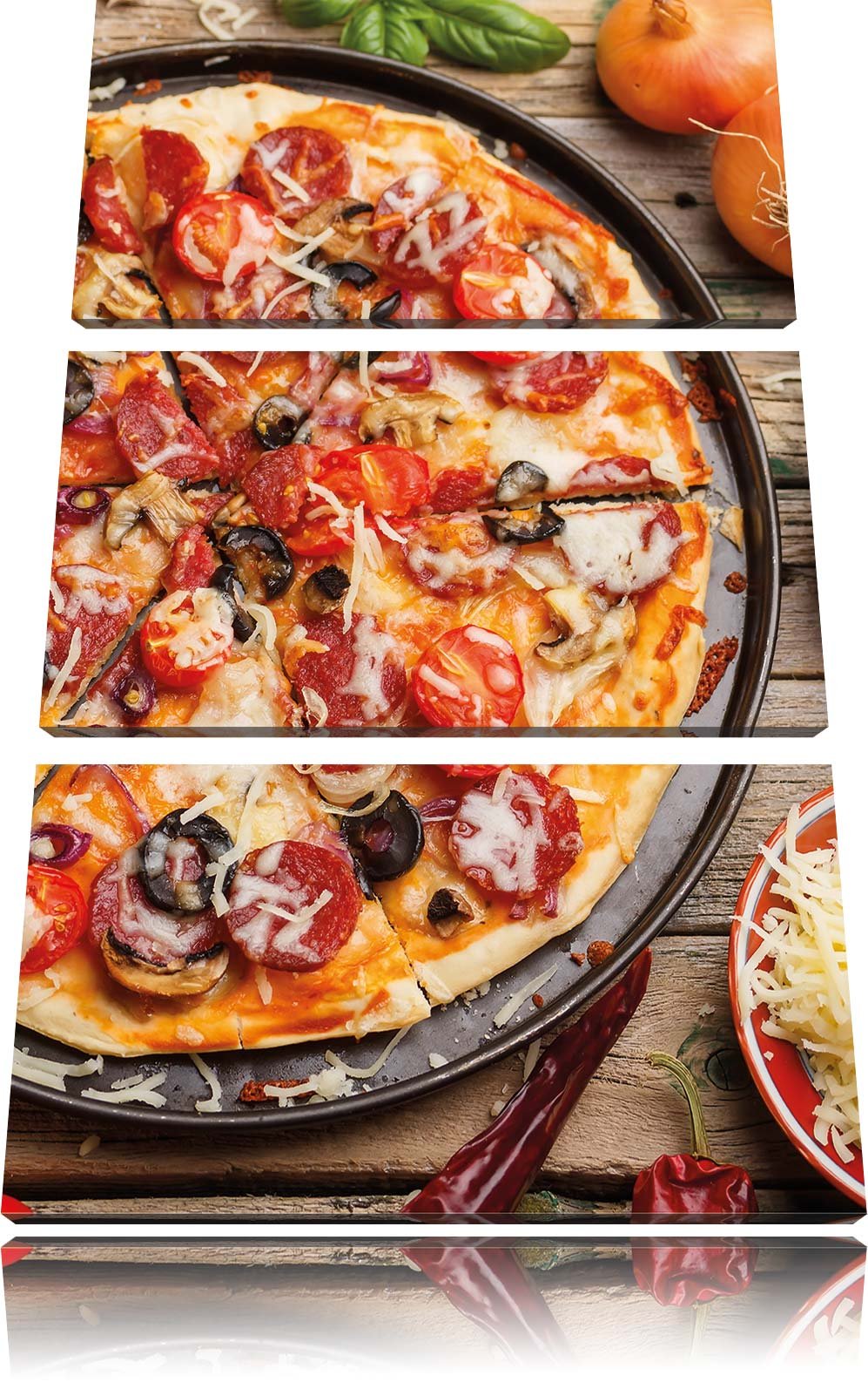 Pixxprint Leckere Pizza auf Holztisch / 3-Teilig/Gesamtmass 120cm Leinwandbild bespannt auf Holzrahm