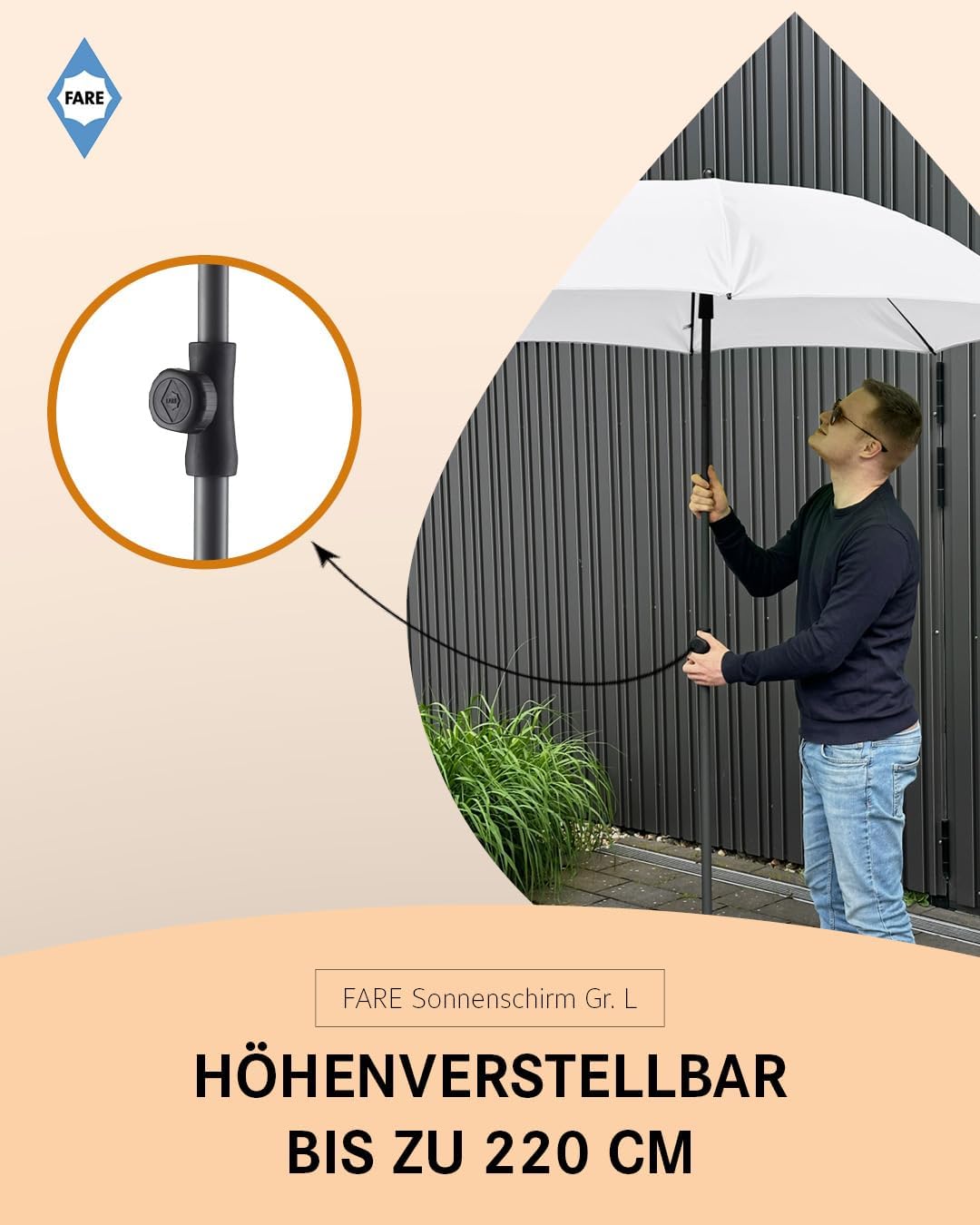 FARE Sonnenschirm Gr. L - 200 cm Durchmesser - UV-Schutz 50+ für Balkon Garten Terrasse Sommer - Tit