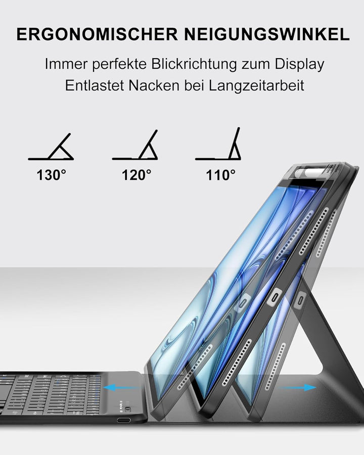 Hülle mit Tastatur für iPad Air 13" (2026 M4/2025 M3/2024 M2) & Pro 12.9" (2018-2022), Deutsches QWE