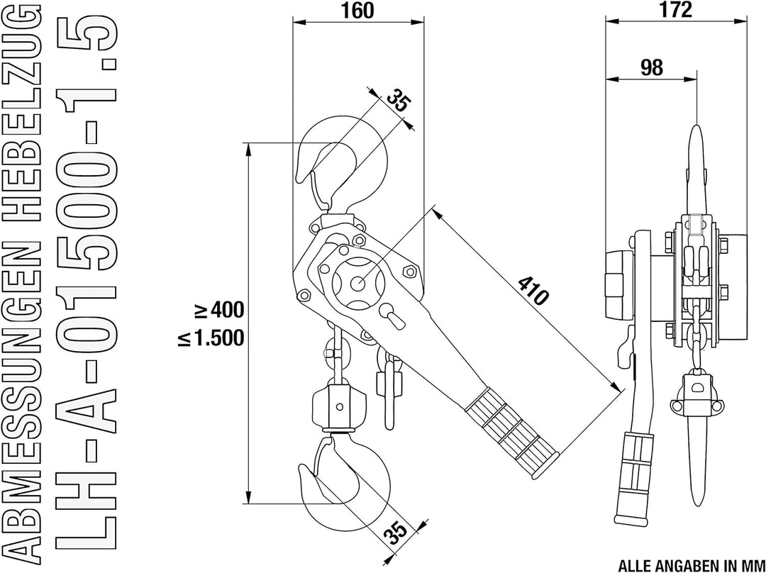 Rotek Hebelratschenzug 1.500kg Kapazität, 1,5m Kettenlänge, LH-A-1500-1.5 1500kg / 1,5m, 1500kg / 1,