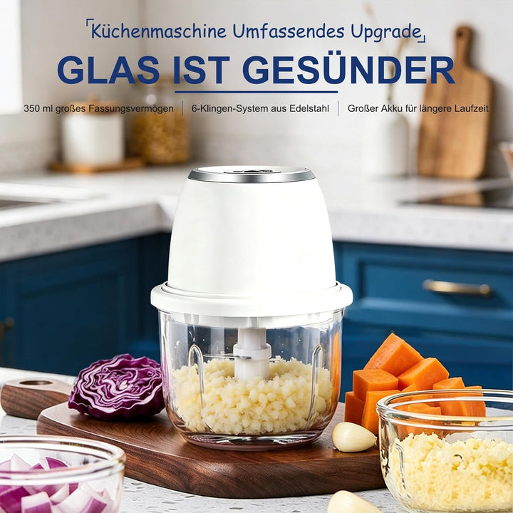 Zerkleinerer Küche Elektrisch 350 ml Glasbehälter, Zwiebel Zerkleinerer Elektrisch mit 6 Edelstahlkl