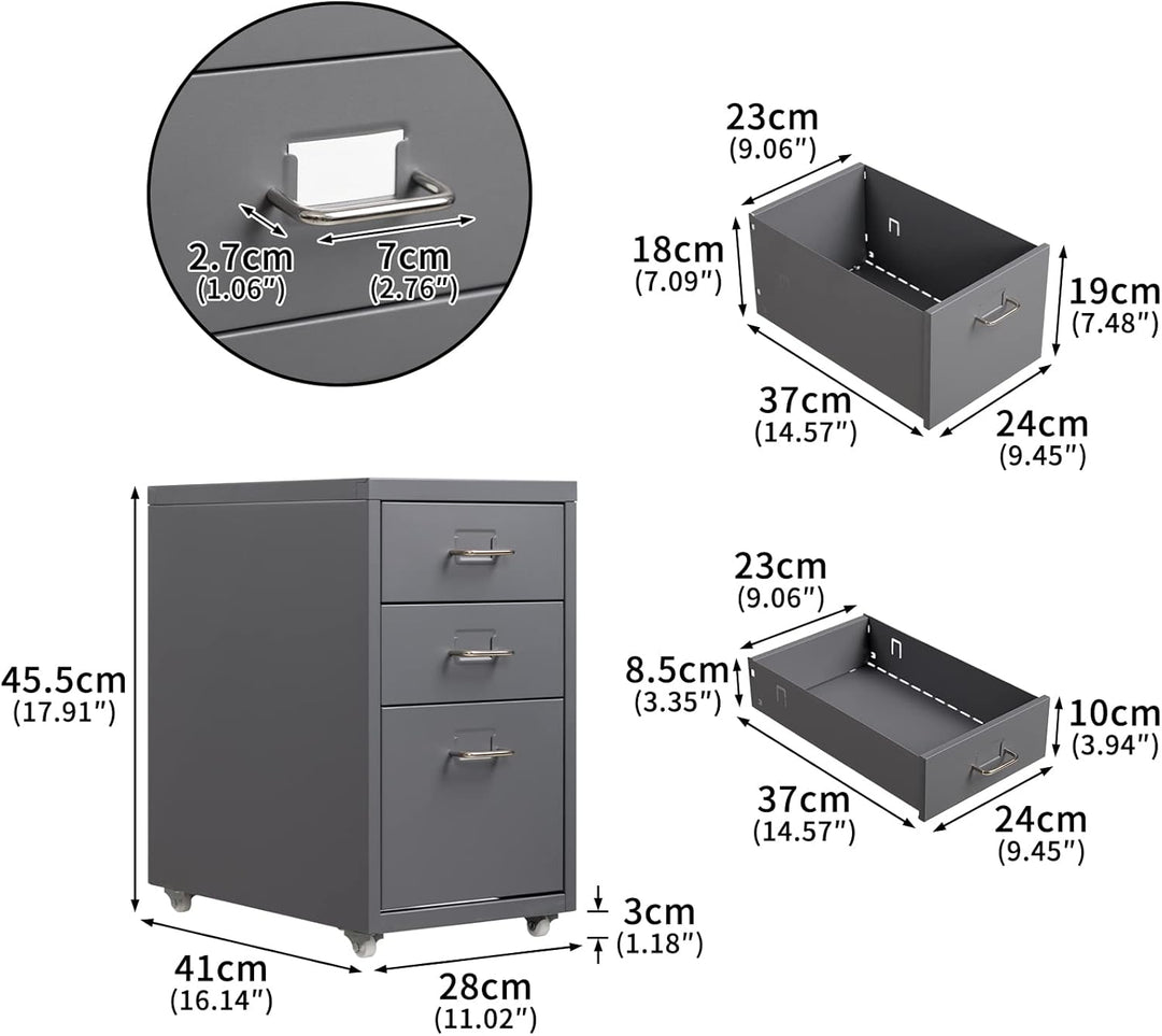 HollyHOME Mobiler Aktenschrank mit 3 Schubladen, rollbarer Aktenordner unter dem Schreibtisch, Aufbe
