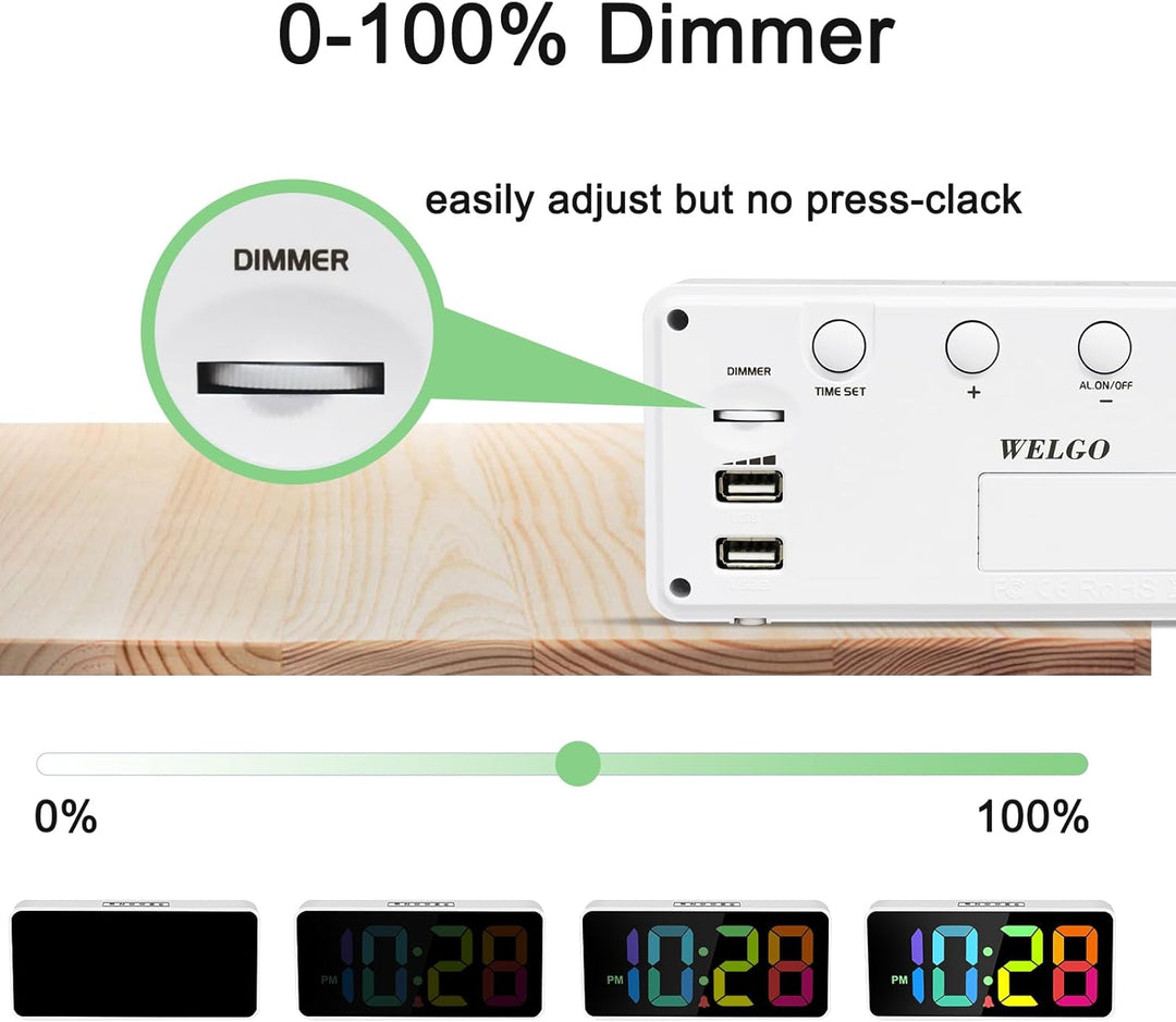 Welgo Digitaler LED-Wecker, Regenbogenfarben, 0–100 % Dimmer, USB-Ladeanschluss, grosse Zahl, kräfti