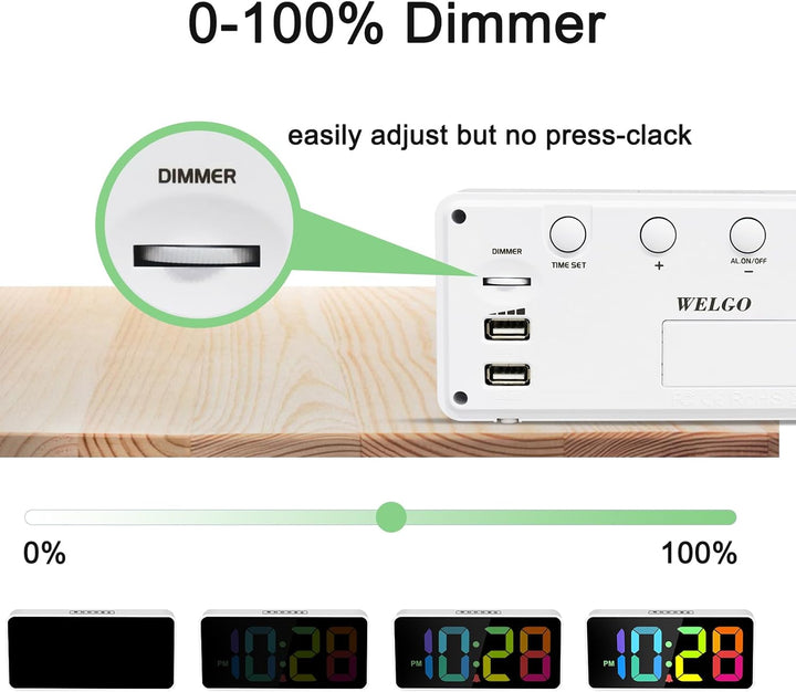 Welgo Digitaler LED-Wecker, Regenbogenfarben, 0–100 % Dimmer, USB-Ladeanschluss, grosse Zahl, kräfti