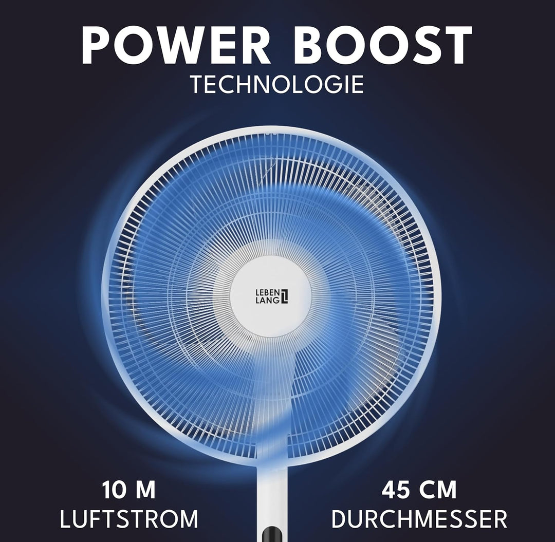 LEBENLANG Stand Ventilator leise - Mit Fernbedienung & LED-Display & 5 Modi I Oszillierend Energiesp
