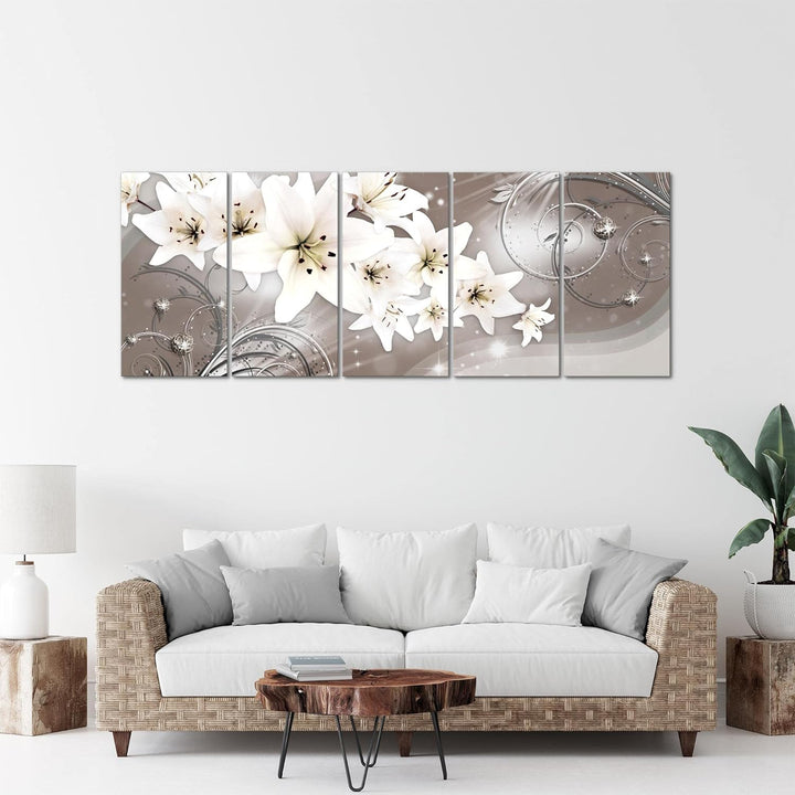 Runa Art Wandbild XXL Blumen Lilien Wohnzimmer Schlafzimmer 200 x 80 cm Beige Braun 5 Teilig - Made