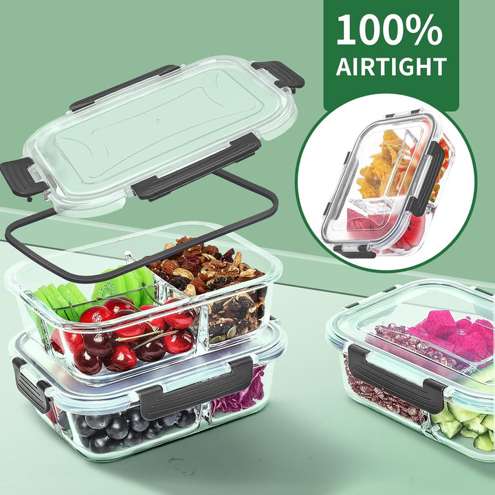 3 FäCher Glas-Frischhaltedosen Set für Lebensmittel,10Teile (5 Deckel & 5 Behälter), Skroam Aufbewah
