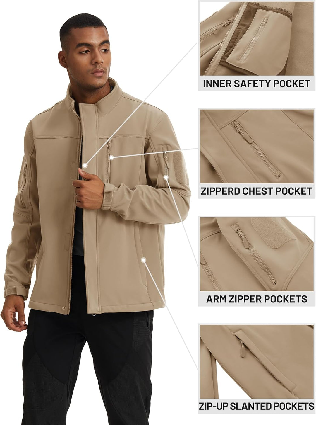 TACVASEN Herren Softshell Jacke Winddichte Outdoorjacke Übergangsjacke mit Reissverschlusstasche M K