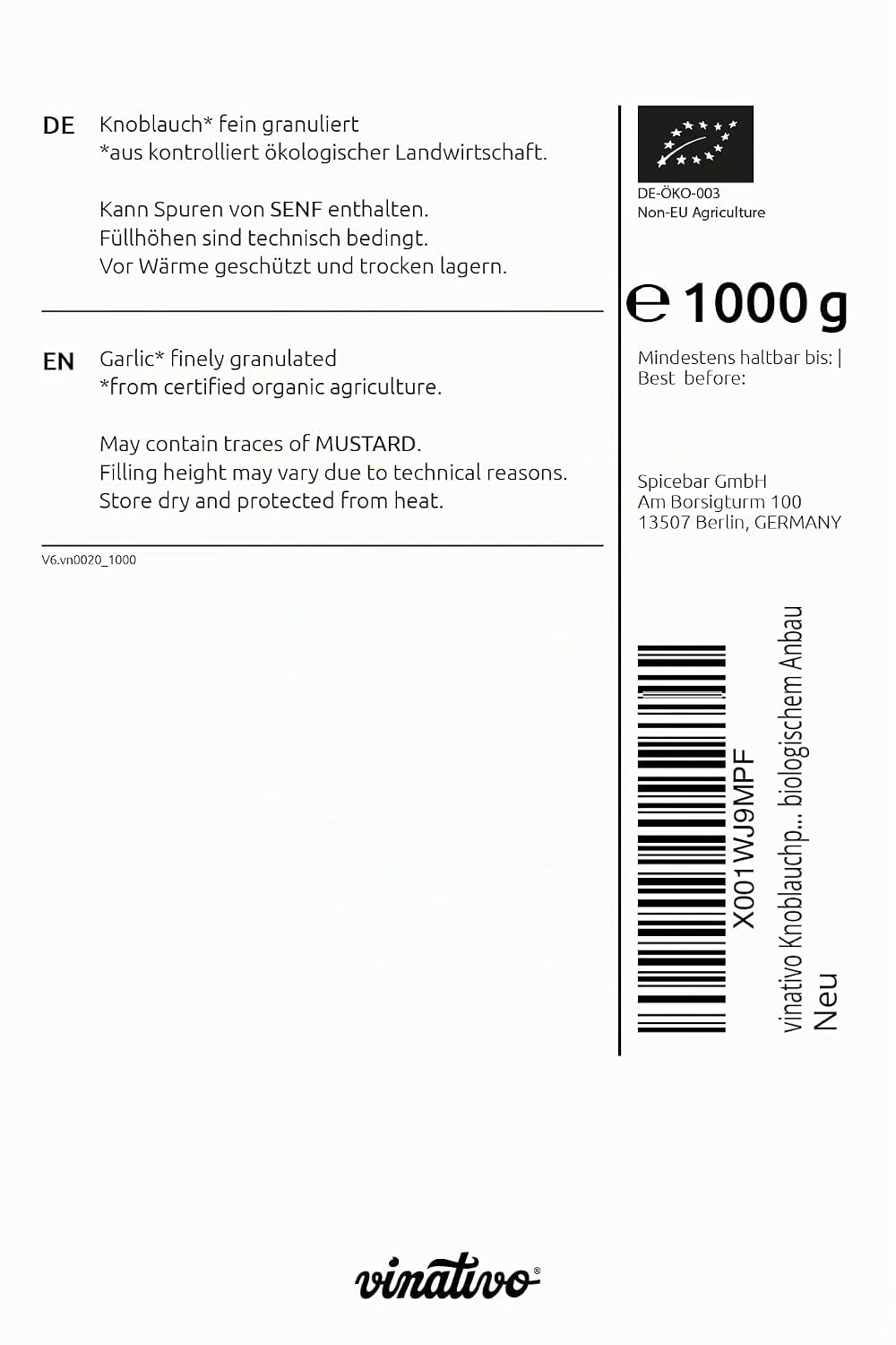 vinativo Knoblauchpulver BIO – fein granuliert – 1kg – Knoblauch gemahlen – Bio-Qualität – aus kontr